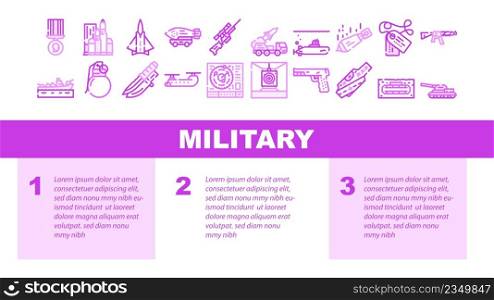 Military Weapon And Transport Landing Web Page Header Banner Template Vector. Military Nuclear Bomb And Missile Rocket, Mine And Bullet, Radar Technology And Knife, Tank And Fighter Illustration. Military Weapon And Transport Landing Header Vector