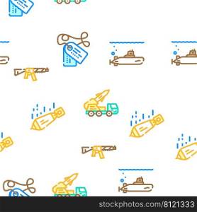 Military Weapon And Transport Vector Seamless Pattern Color Line Illustration. Military Weapon And Transport Icons Set Vector