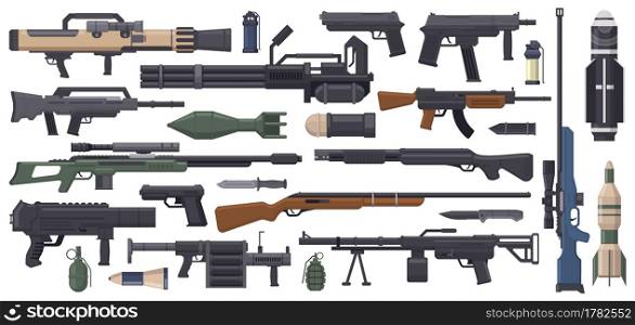 Military weapon. Army weapons, rocket, grenade launcher, machine gun and bazooka isolated vector illustration set. Automatic weapon collection. Firearm, warriors isolated ammunition. Military weapon. Army weapons, rocket, grenade launcher, machine gun and bazooka isolated vector illustration set. Automatic weapon collection
