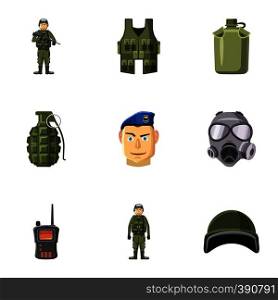 Military weapons icons set. Cartoon illustration of 9 military weapons vector icons for web. Military weapons icons set, cartoon style