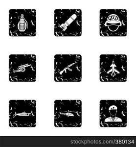 Military weapons icons set. Grunge illustration of 9 military weapons vector icons for web. Military weapons icons set, grunge style