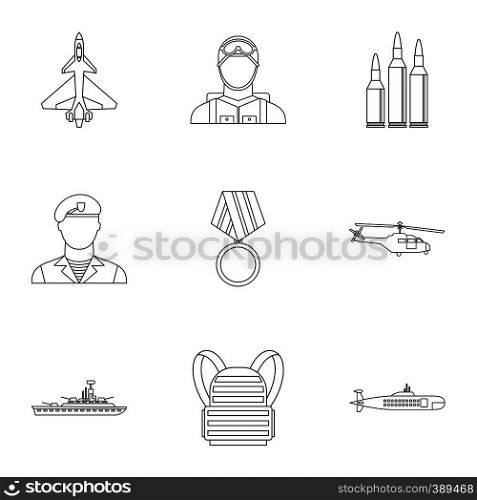 Military weapons icons set. Outline illustration of 9 military weapons vector icons for web. Military weapons icons set, outline style