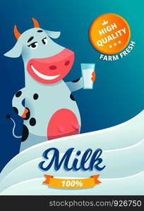 Milk advertizing. Smiling cow standing with glass of fresh farm milk in package healthy vitamin milkshake splash vector cartoon. Banner milk cow farm, mascot adorable illustration. Milk advertizing. Smiling cow standing with glass of fresh farm milk in package healthy vitamin milkshake splash vector cartoon