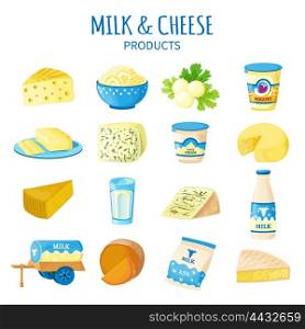 Milk And Cheese Icons Set. Color icons set of dairy products with cheese butter curd yogurt sour cream and milk bottle isolated vector illustration