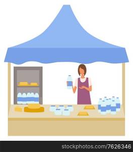 Milk and cheese production at store vector, isolated character working as salesperson. Marketplace with fridge for products, bottles with water on shelf. Flat cartoon. Woman Selling Diary Product Milk and Cheese Vector