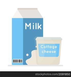 Milk and cottage cheese in packaging vector illustration. Farm fresh product. Isolated on a white background.. Milk and cottage cheese in packaging vector illustration. Farm fresh product.