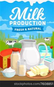 Milk and dairy farm food products vector poster. Natural organic milk in pitcher jug and glass bottles, cottage cheese, curd and butter, yogurt and cream, cattle farm cows on green field. Dairy farm, milk food organic products poster