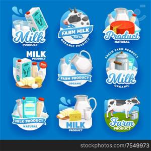 Milk and dairy food products vector icons. Natural organic dairy farm milk splash pouring in glass cup from jug, cheese and butter, company signs or package emblems. Dairy farm products, milk, butter and cheese