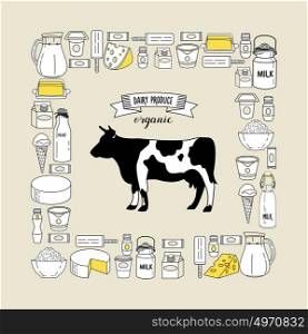 Milk and dairy products. Vector illustration of a cow and a large set of dairy products. Healthy food.
