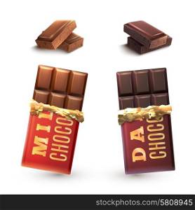 Milk and dark chocolate bars set and isolated pieces vector illustration. Chocolate Bars Set
