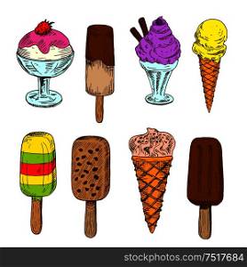 Milk and dark chocolate ice cream bars on sticks sketches with lemon and caramel italian gelato cones, fruit juice popsicle, vanilla and berry sundae desserts topped with fresh fruits and syrup . Various ice cream cones, sundae, popsicle sketches