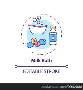 Milk bath concept icon. Home spa procedure idea thin line illustration. Soothing and hydrating skin. Reducing fine lines and wrinkles. Vector isolated outline RGB color drawing. Editable stroke. Milk bath concept icon