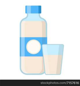 Milk bottle and glass in cartoon flat style on white, stock vector illustration