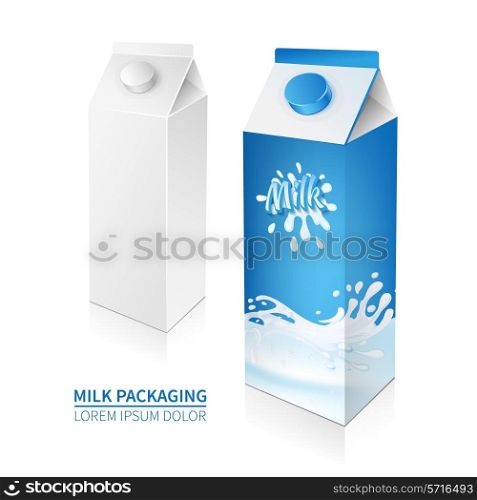Milk box carton 3d branded package and blank cardboard set isolated vector illustration