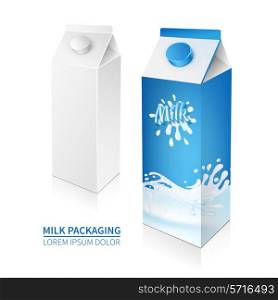 Milk box carton 3d branded package and blank cardboard set isolated vector illustration