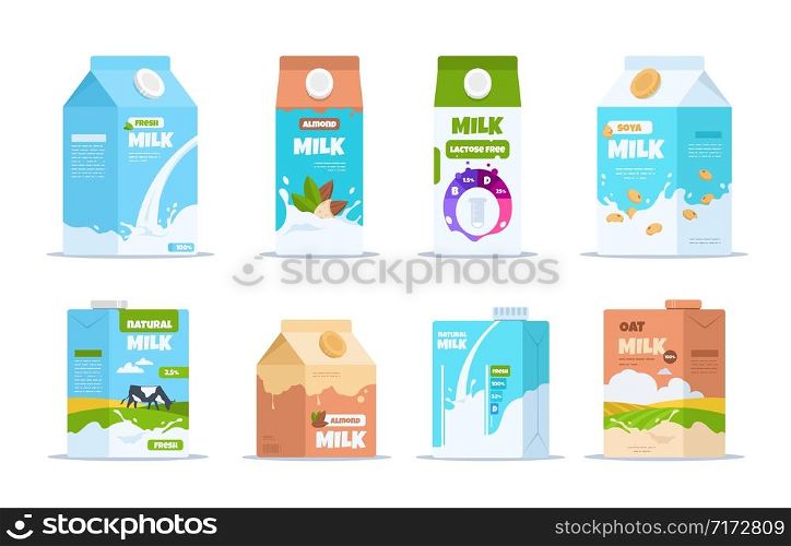 Milk box. Cartoon food containers with almond organic soy and lactose-free milk. Vector set layout of containers for vegan milk isolated on white background. Milk box. Cartoon food containers with almond organic soy and lactose-free milk. Vector set of containers for vegan milk