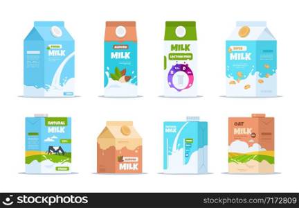 Milk box. Cartoon food containers with almond organic soy and lactose-free milk. Vector set layout of containers for vegan milk isolated on white background. Milk box. Cartoon food containers with almond organic soy and lactose-free milk. Vector set of containers for vegan milk