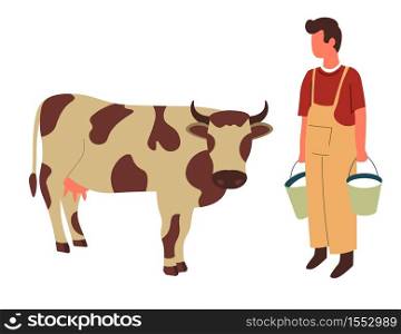 Milk buckets farmer and cow farming and livestock animal or cattle vector isolated male character domestic mammal with horns and hoofs breeding agriculture meat and dairy products organic food ranch. Farmer and cow farming and livestock animal or cattle milk buckets