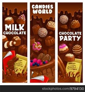 Milk chocolate, praline and fudge candy. Souffle, truffle and jelly, hazelnut bonbons. Vertical banners, vertical vector backgrounds or with chocolate candy, cake and bar, cocoa sweet desserts. Milk chocolate, praline and fudge candy banners