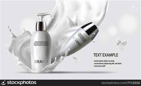 Milk cosmetics, realistic vector background with lotion and roll-on deodorant. Skin care in white bottles with silver caps in milk splash, crown with flying butterflies Mock-up cosmetic promo poster. Milk cosmetics realistic vector