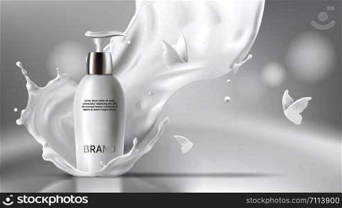 Milk cosmetics realistic vector blurred background. Skin care cosmetic product, body lotion in white bottle with silver dispenser in milk splash, crown with flying butterflies Mock-up promo poster. Milk cosmetics realistic vector blurred background
