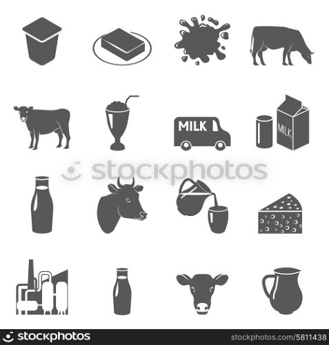 Milk cow and dairy products black icons set with sour cream and butter abstract isolated vector illustration. Milk black icons set