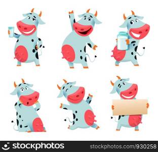 Milk cow animal. Cartoon farm character eating and posing cows mascots isolated. Illustration of farm animal cow cartoon, domestic character farming. Milk cow animal. Cartoon farm character eating and posing cows mascots isolated