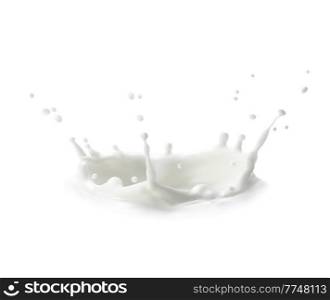 Milk crown splash, splatters and white milky drops, realistic vector. Milk splash flow or cream drink pouring wave with spatter and splatter of drips, liquid yogurt whirl for dairy products background. Milk crown splash, splatters and whit milky drops
