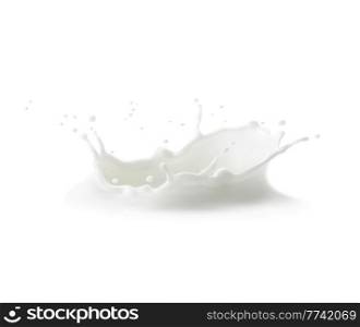 Milk crown splash with splatters and white milky drops, vector liquid yogurt swirl. Milk splash crown or cream drink pouring wave of dairy product. 3D realistic milky flow spatter. Milk crown splash, splatters and white milky drops