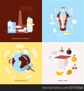 Milk dairy product flat icons set with manufacture natural making yoghurt isolated vector illustration