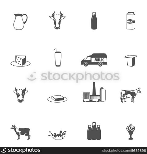Milk dairy product food black icons set with bottle carton packages natural yoghurt isolated vector illustration