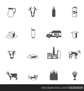 Milk dairy product food black icons set with bottle carton packages natural yoghurt isolated vector illustration