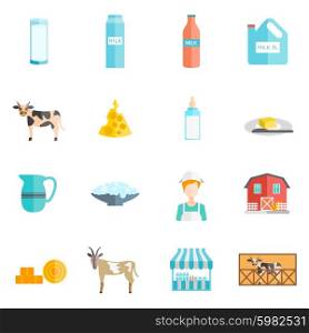 Milk dairy products flat icons set. Bio milk farm ecological dairy products online flat icons set with cottage cheese abstract isolated vector illustration