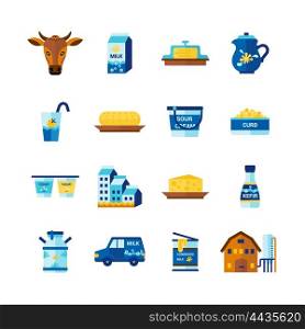 Milk Dairy Products Flat Icons Set. Milk farm ecological dairy fresh products delivery flat icons set with cottage cheese abstract isolated vector illustration