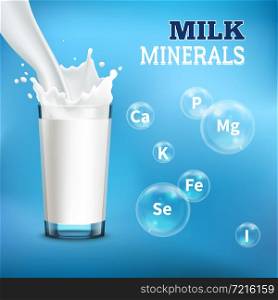 Milk drinking benefits realistic advertisement poster with pouring it into glass and minerals symbols bubbles vector illustration . Milk Realistic Advertising