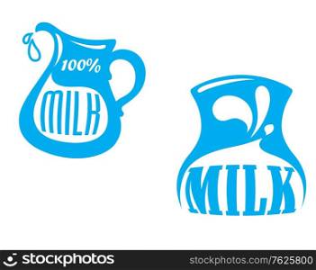 Milk emblem or logo symbols with jug and text ? 100 percent milk, blue color isolated on white background, suitable for drink and agriculture design