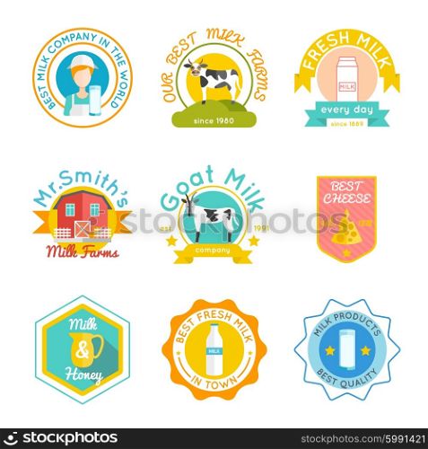 Milk emblem set. Milk emblem set with flat goat and cow dairy products isolated vector illustration