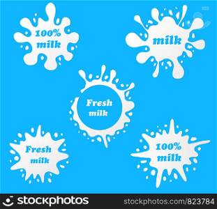 Milk emblems and dairy labels with splashes and blots. Vector milk stains and drops of cream - stock vector