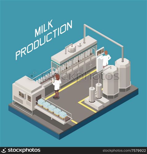 Milk factory concept with new technology symbols isometric vector illustration