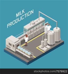Milk factory concept with new technology symbols isometric vector illustration