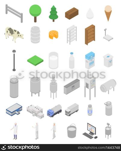 Milk factory icons set. Isometric set of milk factory vector icons for web design isolated on white background. Milk factory icons set, isometric style