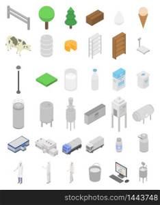 Milk factory icons set. Isometric set of milk factory vector icons for web design isolated on white background. Milk factory icons set, isometric style