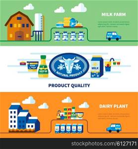 Milk Farm And Dairy Plant Banners. Milk farm and dairy plant banners with advertising of product quality isolated vector illustration