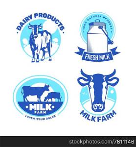 Milk farm color emblem hand drawn set with cow and fresh dairy products signs isolated vector illustration