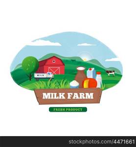 Milk farm concept banner vector flat design. Organic farming, traditional products. Clean naturally produced food. Milk, cottage cheese, sour cream with cow farm on background illustration.