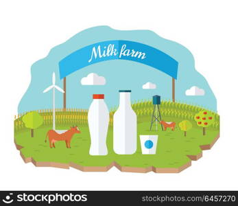 Milk farm concept banner vector flat design. Organic farming, traditional products. Clean naturally produced food. Bottle and glass of milk with animals, fields, garden, banner on background.. Organic Milk Farm Concept Web Banner