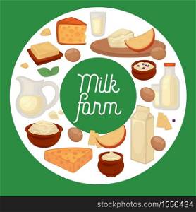 Milk farm dairy products cheese and eggs sour cream vector curd and kefir yogurt and curd batter bottle and cardboard pack jug and wooden tray cooking, ingredients homemade organic food cuisine. Dairy products milk farm cheese and eggs sour cream