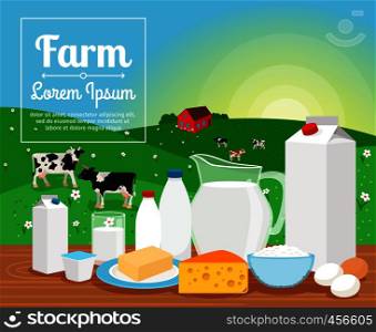 Milk farm dairy products on rural landscape with cows vector illustration. Milk farm dairy products