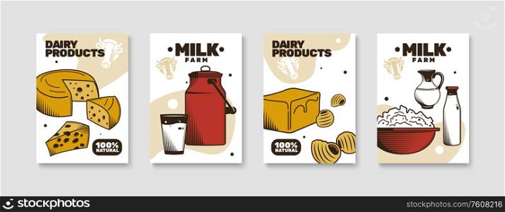 Milk farm poster set of colored compositions with fresh dairy products isolated hand drawn vector illustration