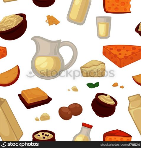 Milk farm promo poster with seamless pattern of dairy products seamless pattern. Cheese triangles, milk in jug or pack, curd with raisins in bowl, fresh eggs and tender sour cream cartoon flat vector illustrations.. ML _1 3